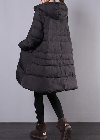 Warm Loose Fitting Jackets & Coats Winter Outwear Black Hooded Zippered Coats