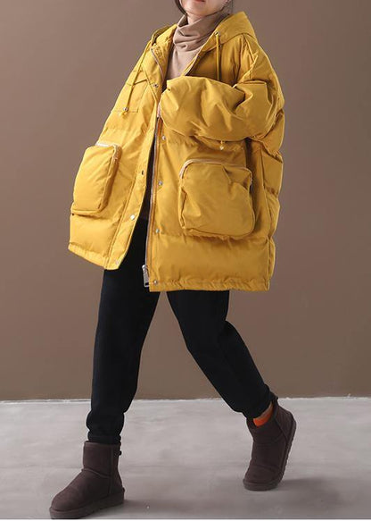 Warm Loose-fitting Snow Jackets Drawstring Hem Outwear Yellow Hooded Short Coats