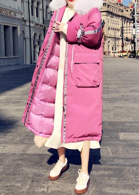 Warm Loose Fitting Parka Jackets Pink Hooded Zippered Down Coat Winter