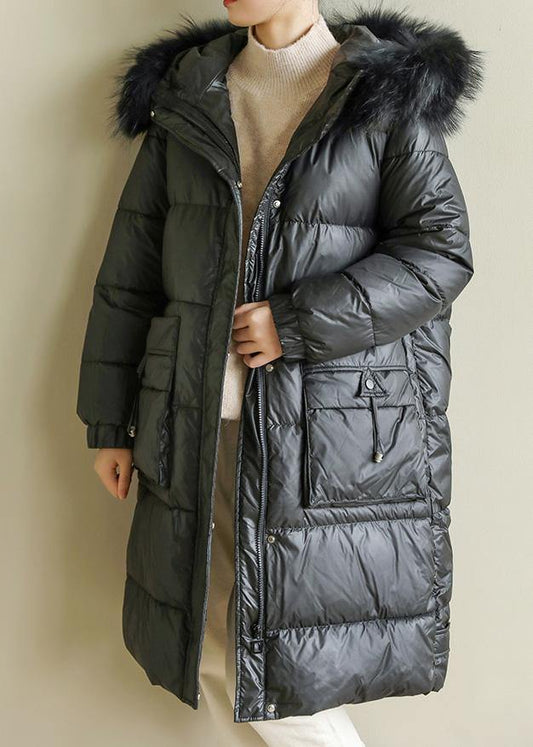 Warm Loose Fitting Parka Hooded Winter Outwear Black Faux Fur Collar Winter Coat