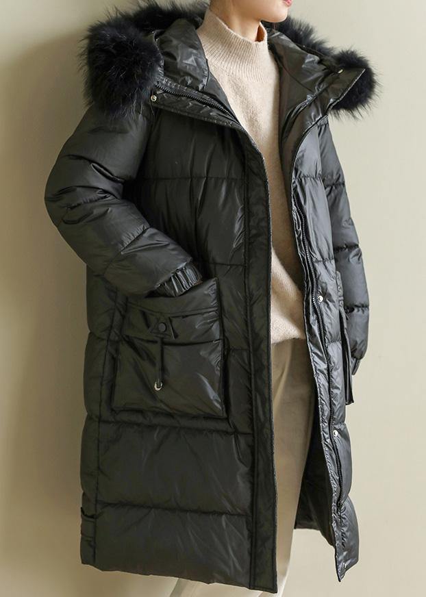 Warm Loose Fitting Parka Hooded Winter Outwear Black Faux Fur Collar Winter Coat