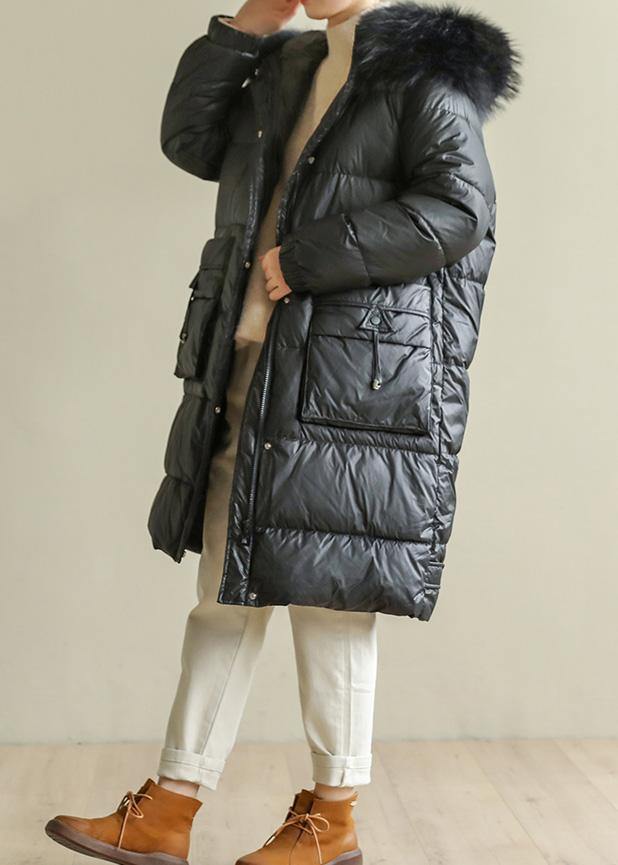 Warm Loose Fitting Parka Hooded Winter Outwear Black Faux Fur Collar Winter Coat