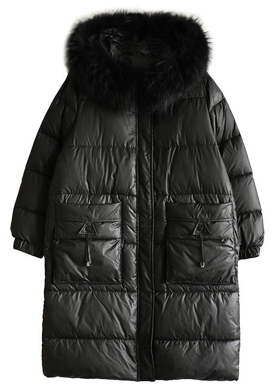 Warm Loose Fitting Parka Hooded Winter Outwear Black Faux Fur Collar Winter Coat
