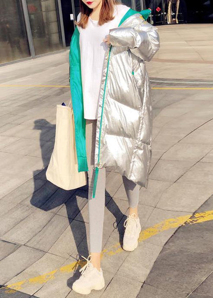 Warm Loose Fitting Silver Patchwork Green Hooded Zippered Goose Down Coat