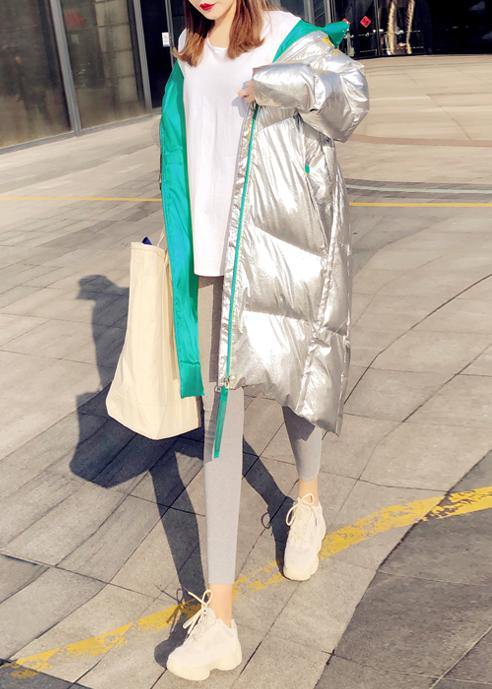 Warm Loose Fitting Silver Patchwork Green Hooded Zippered Goose Down Coat