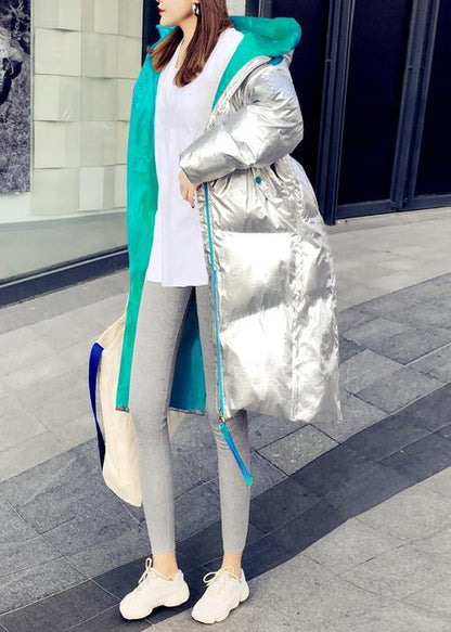 Warm Loose Fitting Silver Patchwork Green Hooded Zippered Goose Down Coat