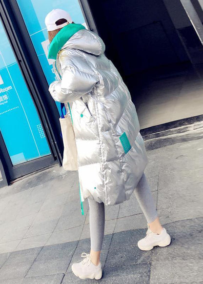 Warm Loose Fitting Silver Patchwork Green Hooded Zippered Goose Down Coat
