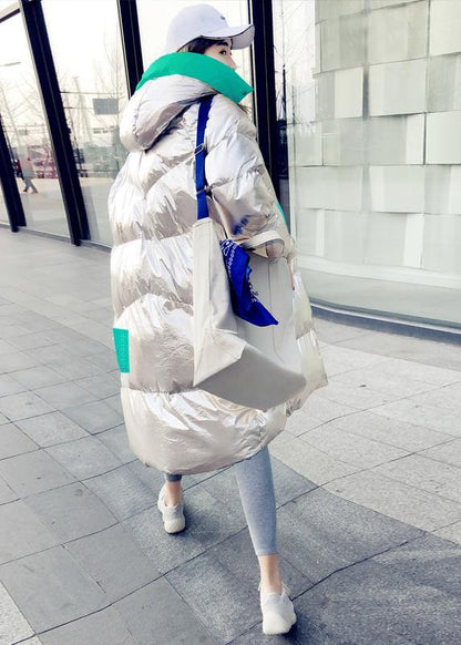 Warm Loose Fitting Silver Patchwork Green Hooded Zippered Goose Down Coat