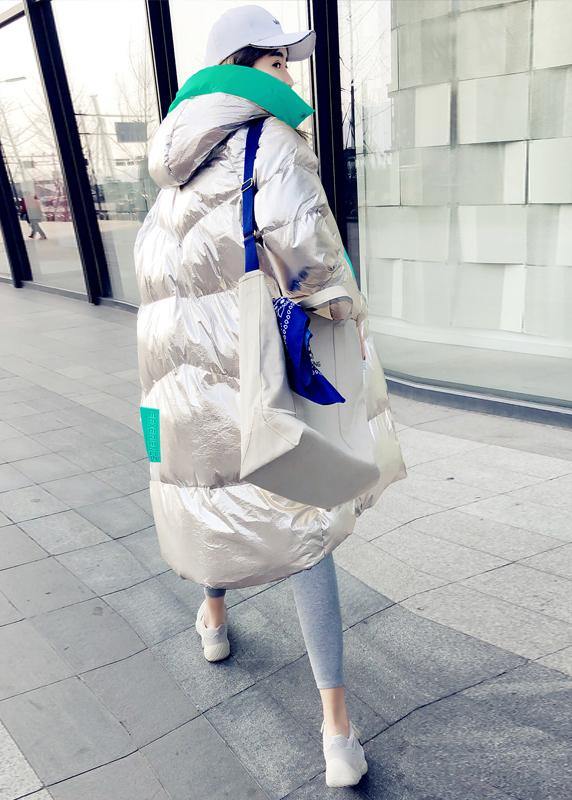 Warm Loose Fitting Silver Patchwork Green Hooded Zippered Goose Down Coat