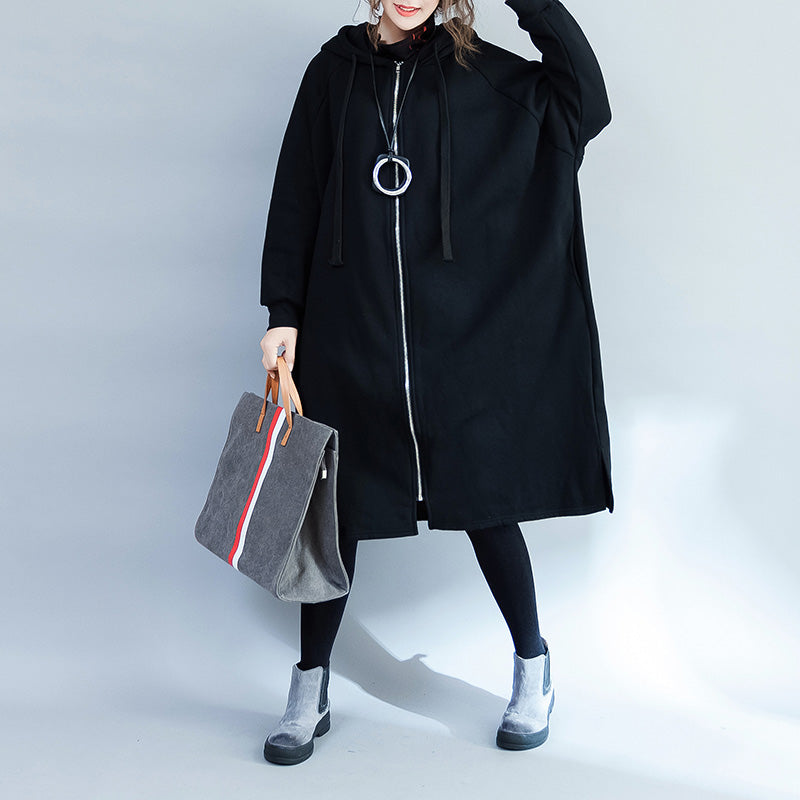 Warm Black Parkas for Hooded Coats Jacket Side Open Overcoat