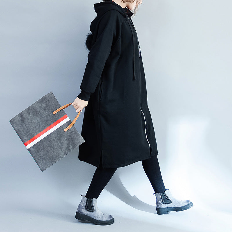 Warm Black Parkas for Hooded Coats Jacket Side Open Overcoat