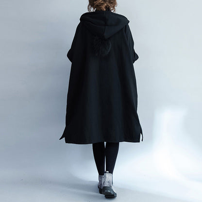 Warm Black Parkas for Hooded Coats Jacket Side Open Overcoat
