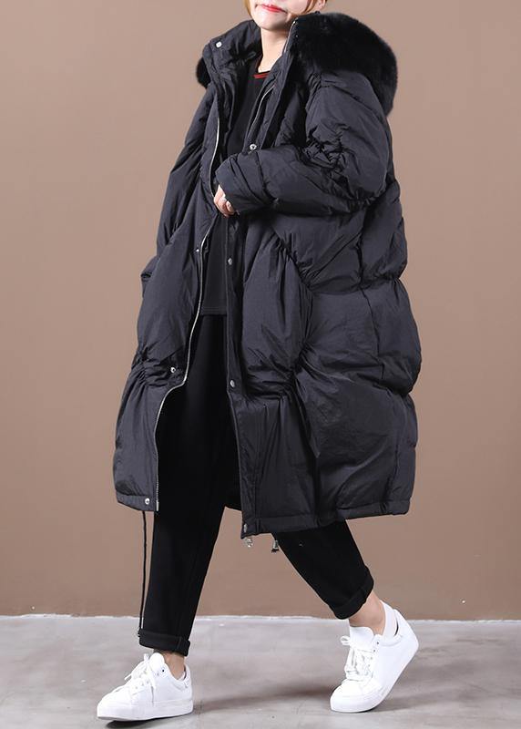 Warm Black Down Jacket Woman Winter Down Jacket Hooded Cinched Outwear