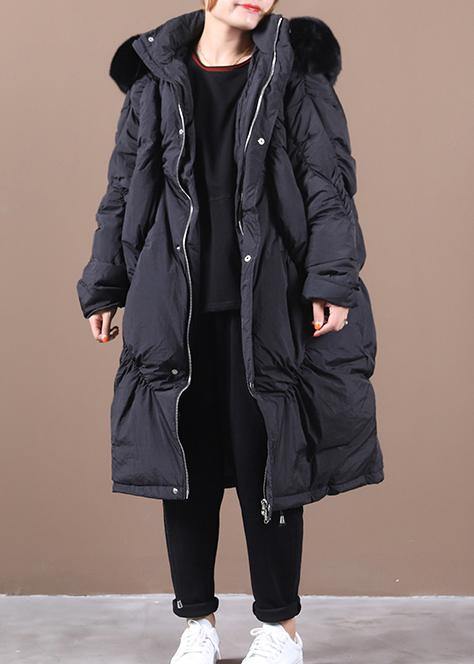 Warm Black Down Jacket Woman Winter Down Jacket Hooded Cinched Outwear