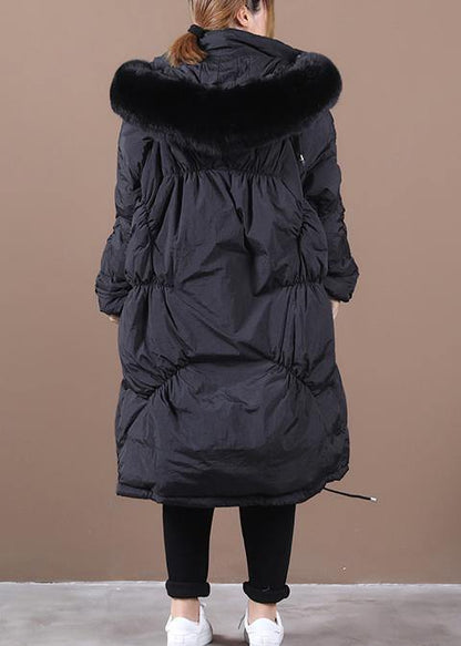 Warm Black Down Jacket Woman Winter Down Jacket Hooded Cinched Outwear