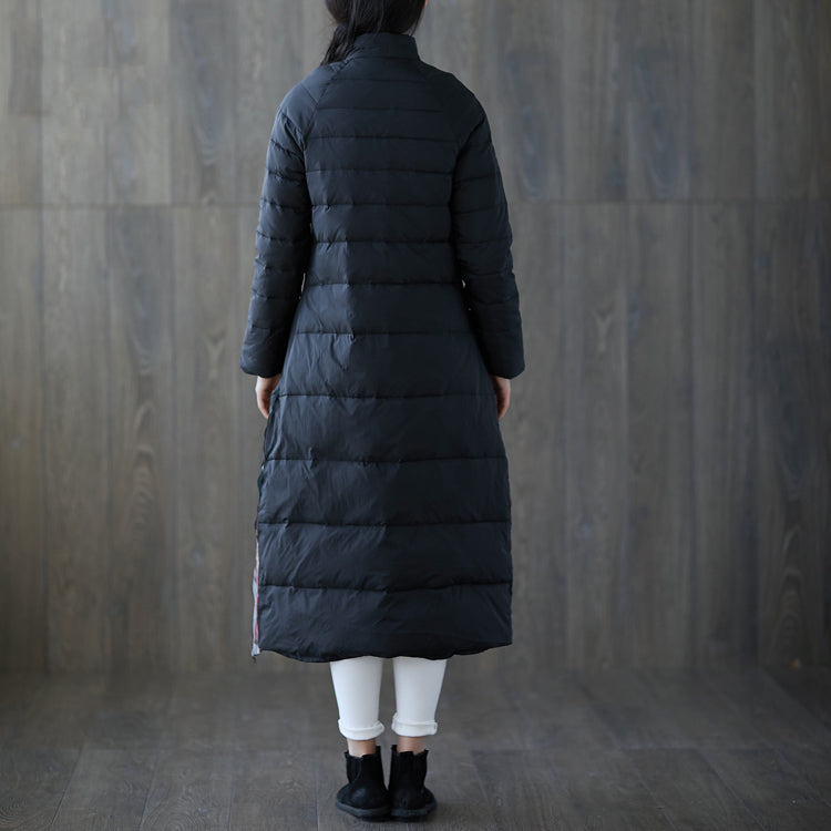 Warm Black Print Down Coat Oversized Stand Collar Patchwork Down Jacket Chinese Button Down Coat
