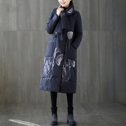 Warm Black Print Down Coat Oversized Tassel Quilted Coat Fine Pockets Down Coat