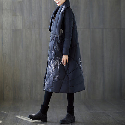 Warm Black Print Down Coat Oversized Tassel Quilted Coat Fine Pockets Down Coat
