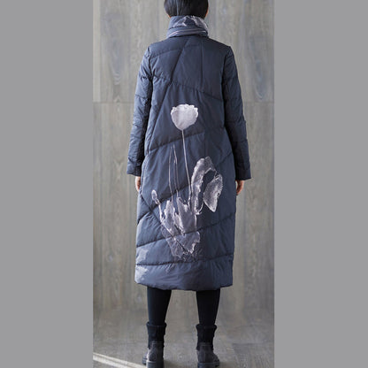 Warm Black Print Down Coat Oversized Tassel Quilted Coat Fine Pockets Down Coat