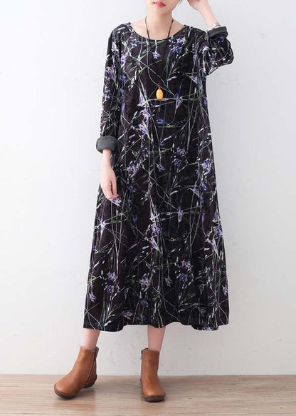 Warm Black Purple Print Silk Cotton Blend Dresses Oversized Winter Dresses O Neck Long Dress
