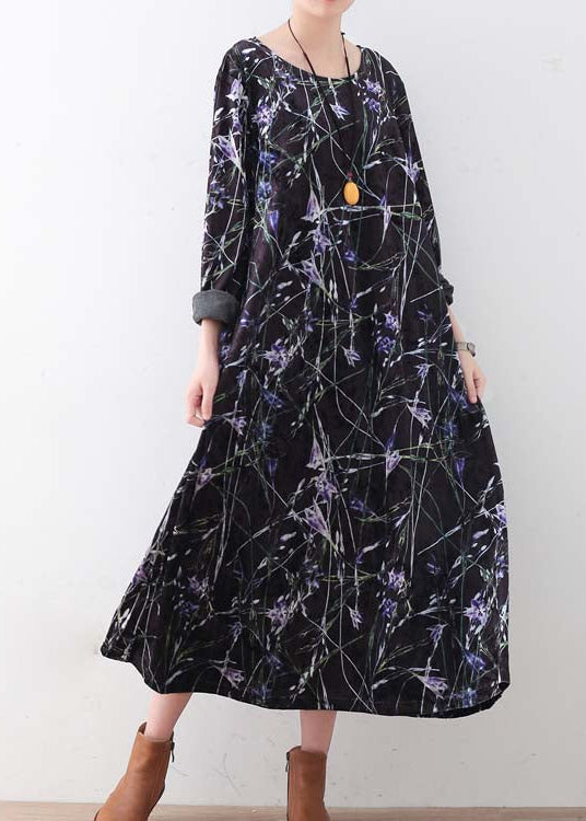 Warm Black Purple Print Silk Cotton Blend Dresses Oversized Winter Dresses O Neck Long Dress