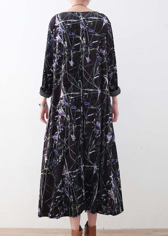 Warm Black Purple Print Silk Cotton Blend Dresses Oversized Winter Dresses O Neck Long Dress
