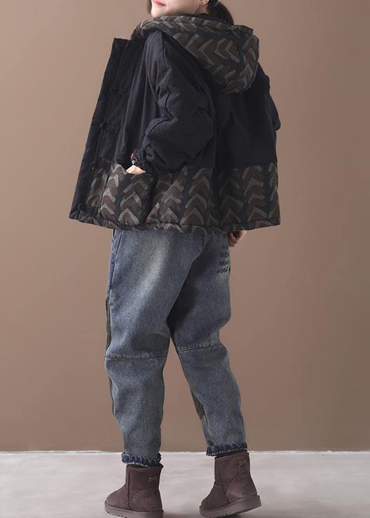 Warm Black Parka Jackets & Coats Patchwork Hooded Short Outwear