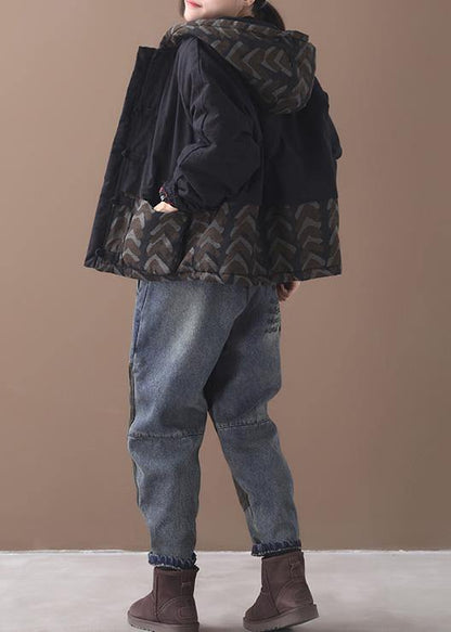 Warm Black Parka Jackets & Coats Patchwork Hooded Short Outwear