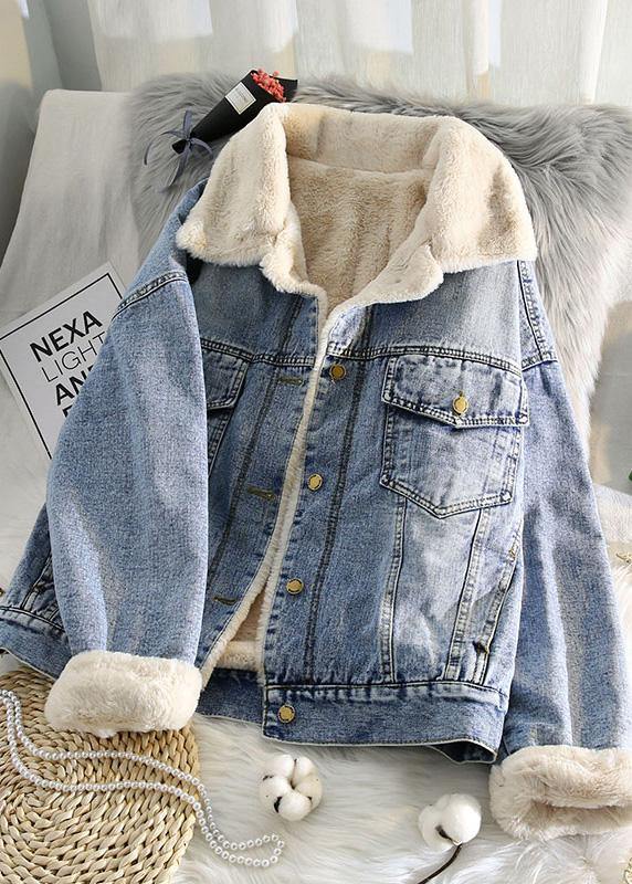 Warm Blue Coat Jacket Spring Lapel Pockets Coat