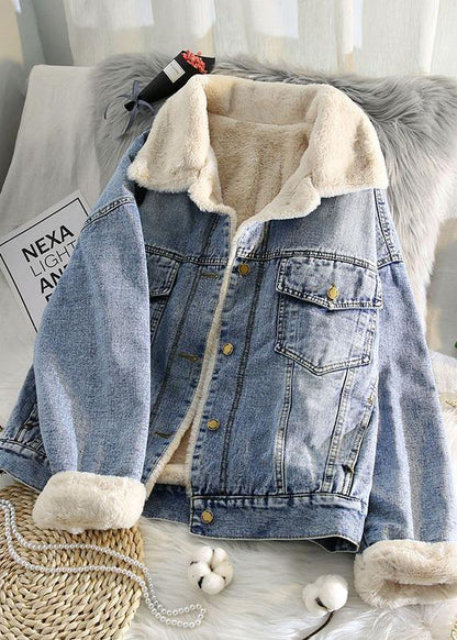 Warm Blue Coat Jacket Spring Lapel Pockets Coat
