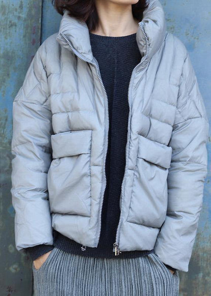 Warm Gray Overcoat Clothing Winter Jacket Stand Collar Big Pockets Short Winter Outwear