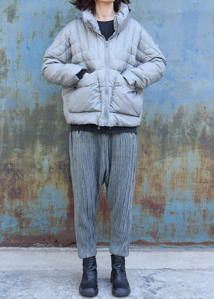 Warm Gray Overcoat Clothing Winter Jacket Stand Collar Big Pockets Short Winter Outwear