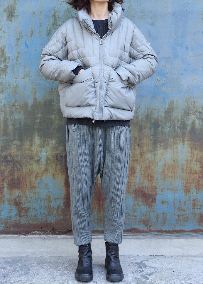 Warm Gray Overcoat Clothing Winter Jacket Stand Collar Big Pockets Short Winter Outwear