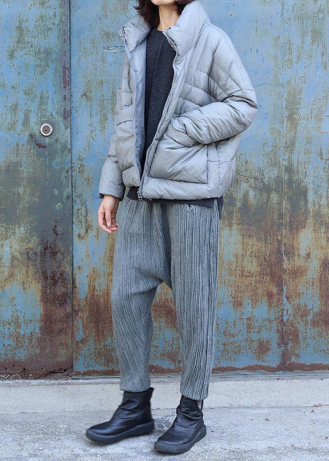 Warm Gray Overcoat Clothing Winter Jacket Stand Collar Big Pockets Short Winter Outwear