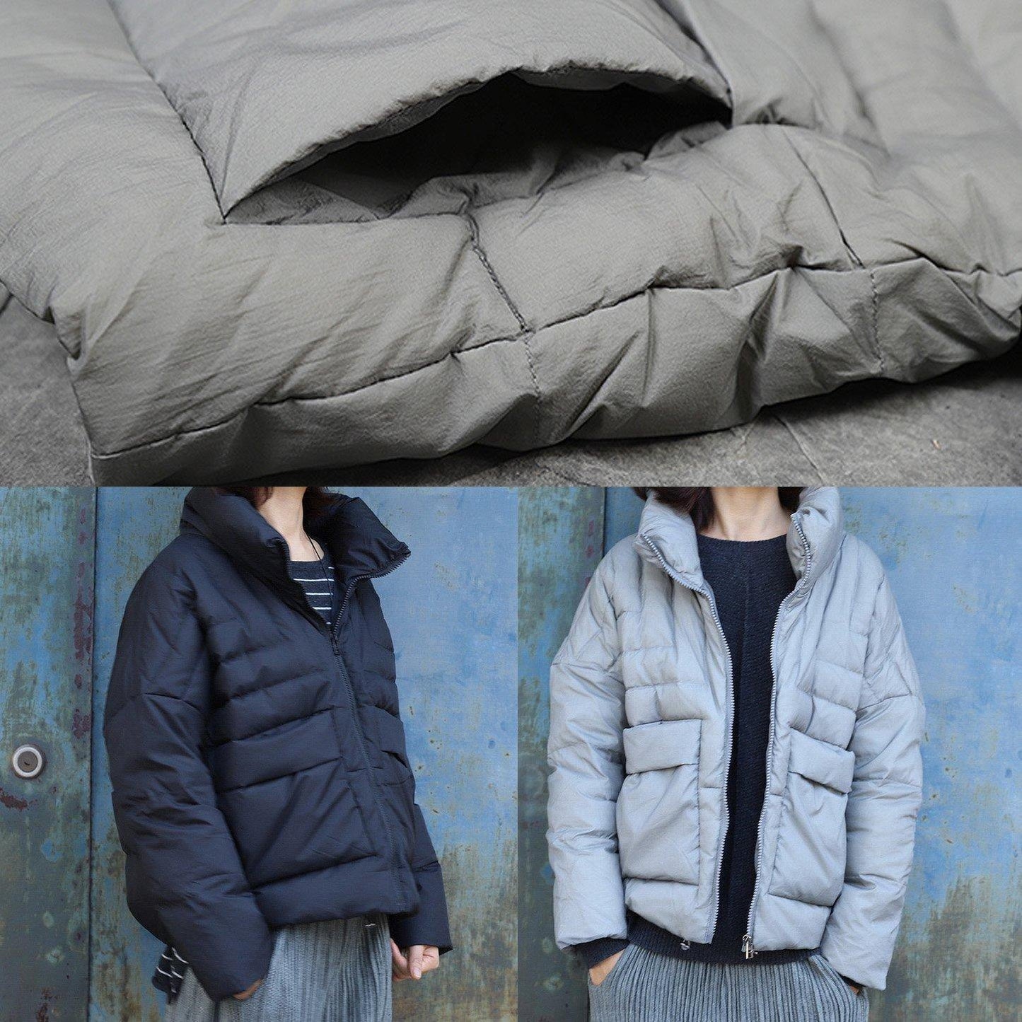 Warm Gray Overcoat Clothing Winter Jacket Stand Collar Big Pockets Short Winter Outwear