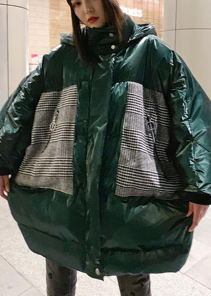 Warm Green Patchwork Winter Parkas Oversize Down Jacket Overcoat Hooded
