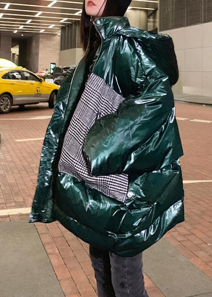 Warm Green Patchwork Winter Parkas Oversize Down Jacket Overcoat Hooded
