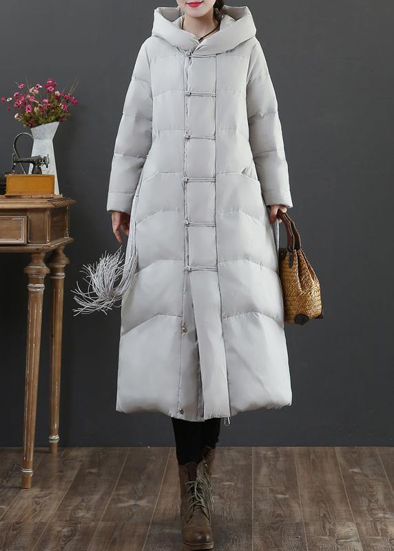 Warm Light Gray Duck Down Coat Winter Jacket Hooded Zippered Overcoat