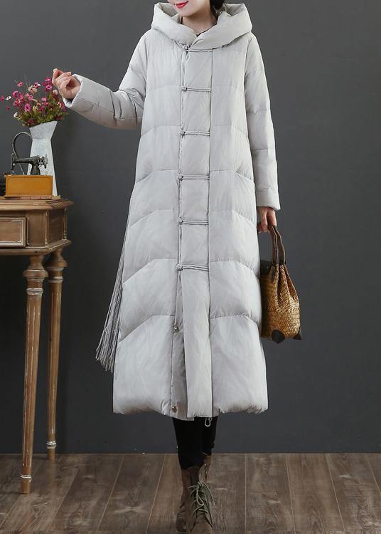 Warm Light Gray Duck Down Coat Winter Jacket Hooded Zippered Overcoat