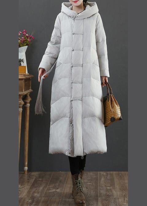 Warm Light Gray Duck Down Coat Winter Jacket Hooded Zippered Overcoat