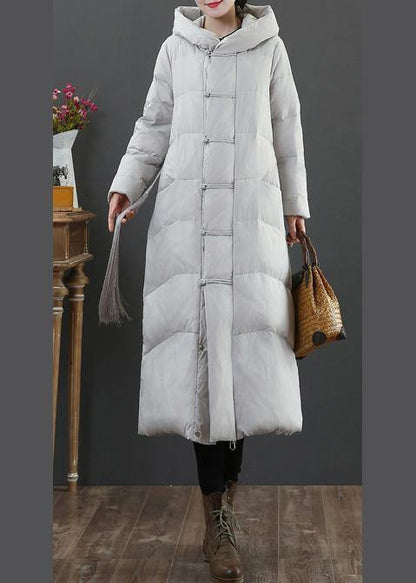 Warm Light Gray Duck Down Coat Winter Jacket Hooded Zippered Overcoat