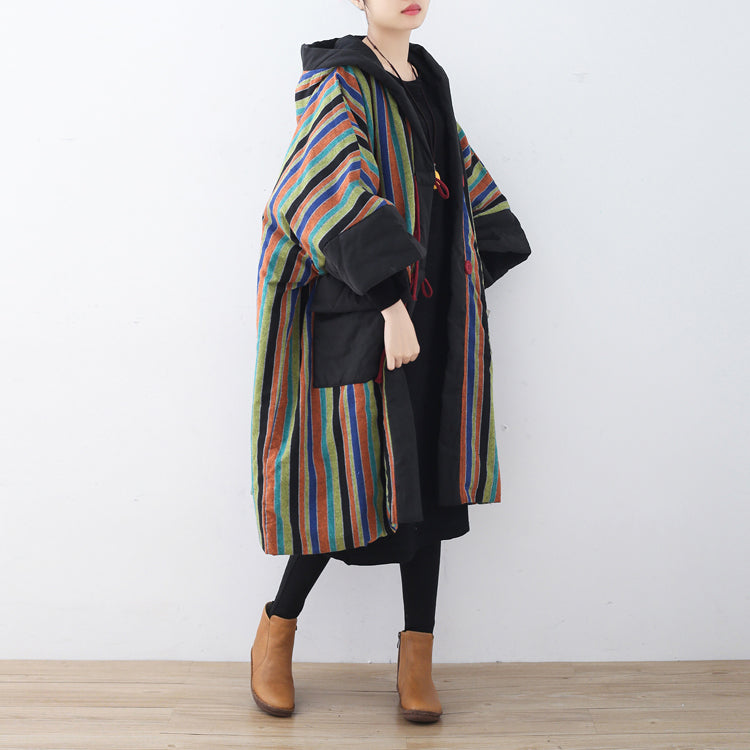 Warm Orange Striped Parka Quilted Coat Hooded