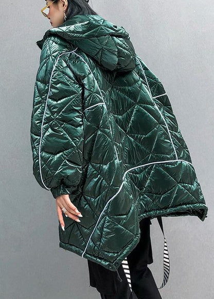 Warm Oversize Jackets & Coats Hooded Coats Green Asymmetric Drawstring Hem Parka