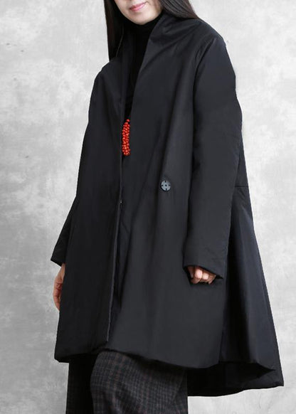 Warm Oversize Down Jacket Overcoat Black V Neck Pockets Coats