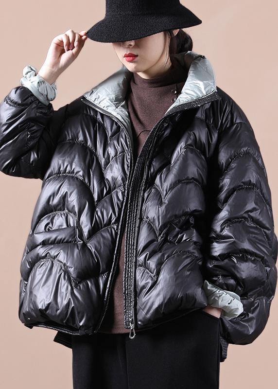 Warm Oversize Snow Jackets Overcoat Black Stand Collar Zippered Warm Winter Coat