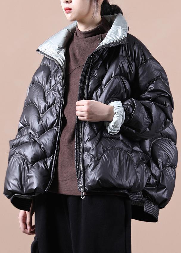 Warm Oversize Snow Jackets Overcoat Black Stand Collar Zippered Warm Winter Coat