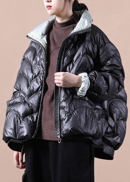 Warm Oversize Snow Jackets Overcoat Black Stand Collar Zippered Warm Winter Coat