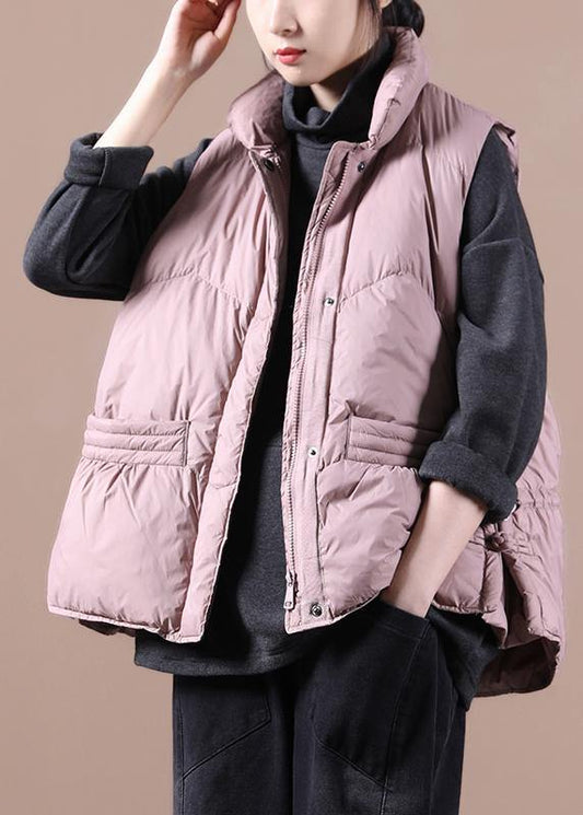 Warm Pink Down Coat Winter Loose Fitting Parka Stand Collar Zippered Jackets