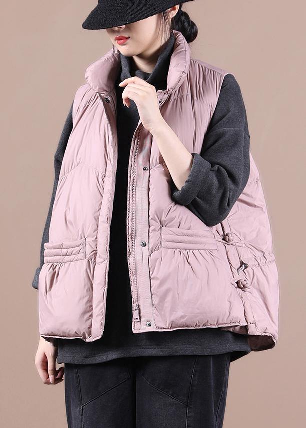 Warm Pink Down Coat Winter Loose Fitting Parka Stand Collar Zippered Jackets