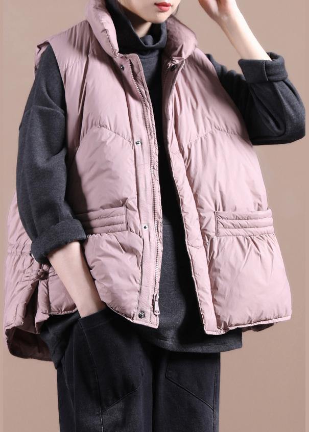 Warm Pink Down Coat Winter Loose Fitting Parka Stand Collar Zippered Jackets
